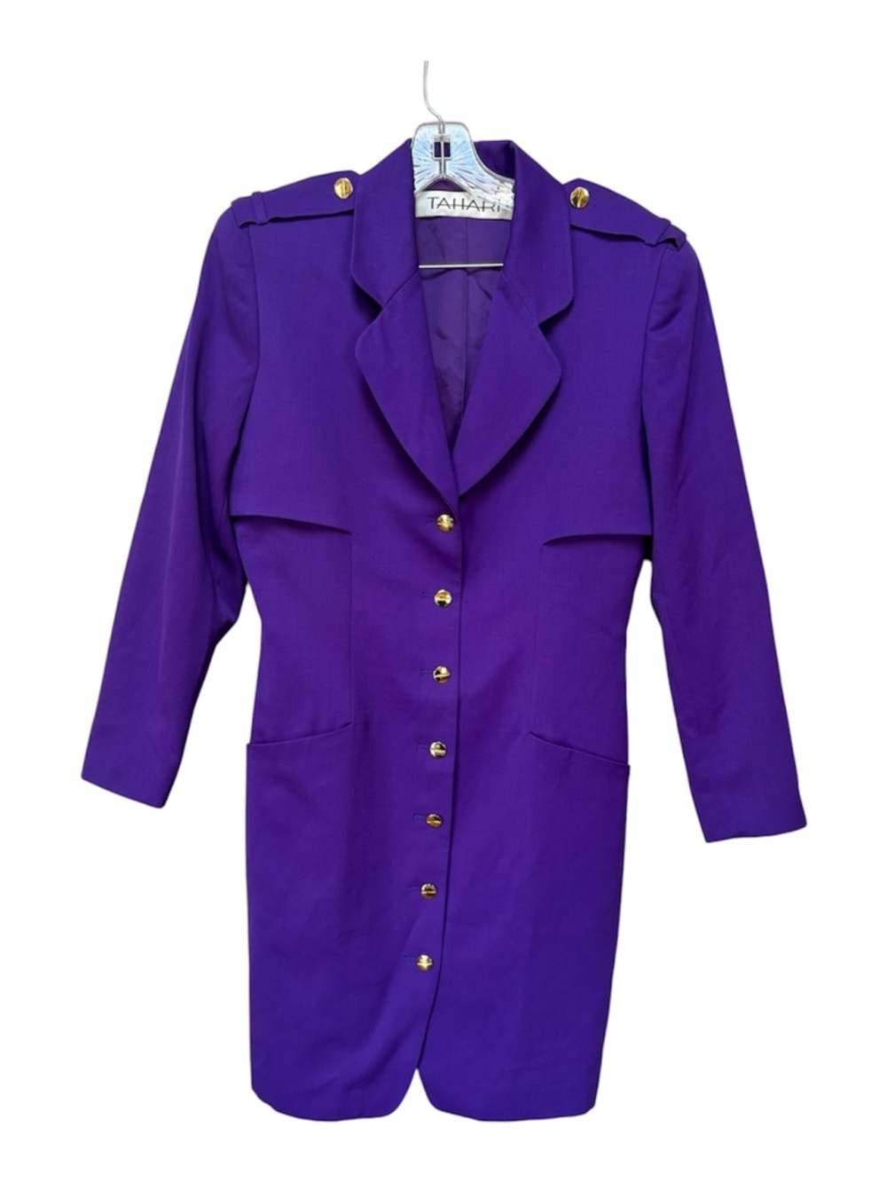 Tahari Purple 100% Wool Longline Blazer Gold Buttons Women’s Size 10